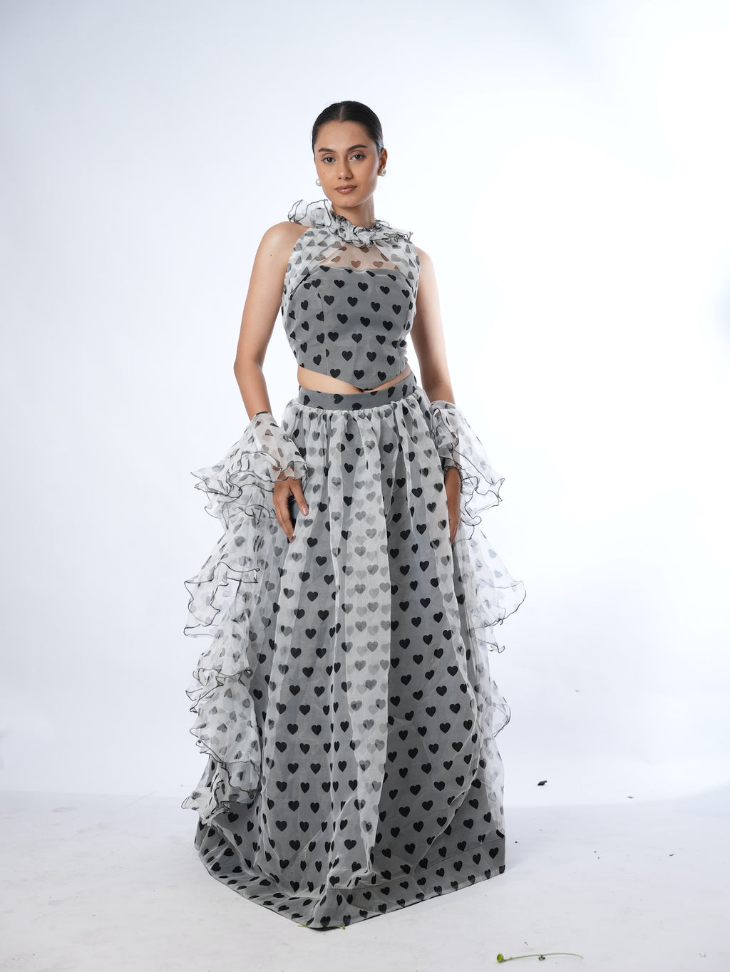 Grey Heart Print Lehenga Set with Ruffled Drapes