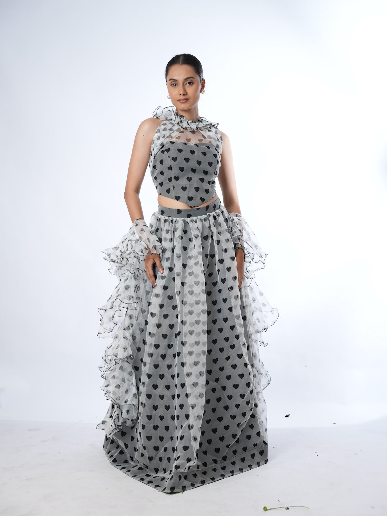 Grey Heart Print Lehenga Set with Ruffled Drapes