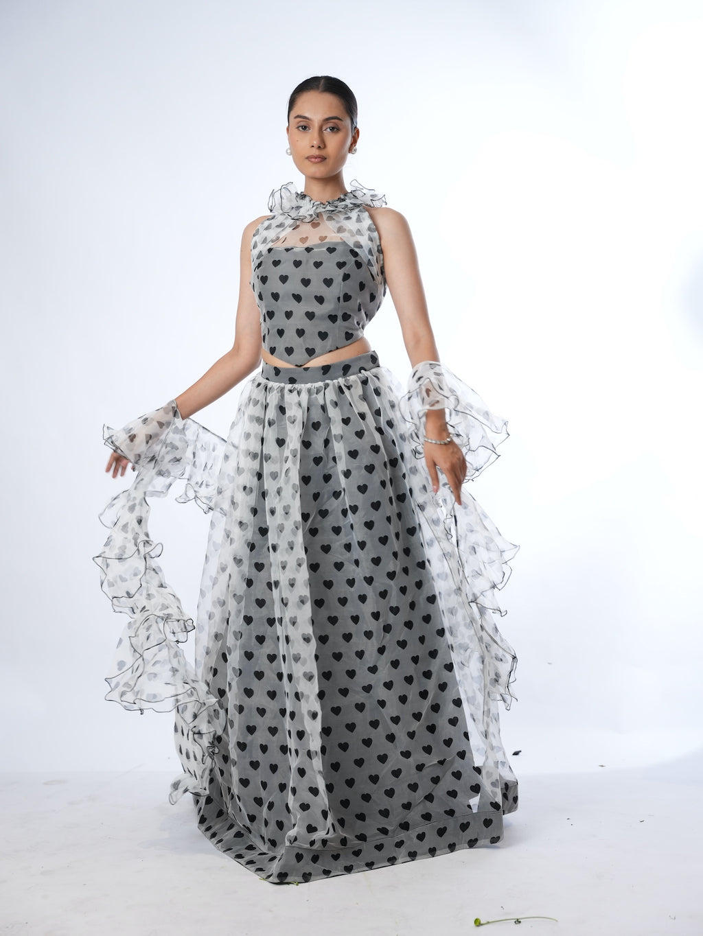 Grey Heart Print Lehenga Set with Ruffled Drapes