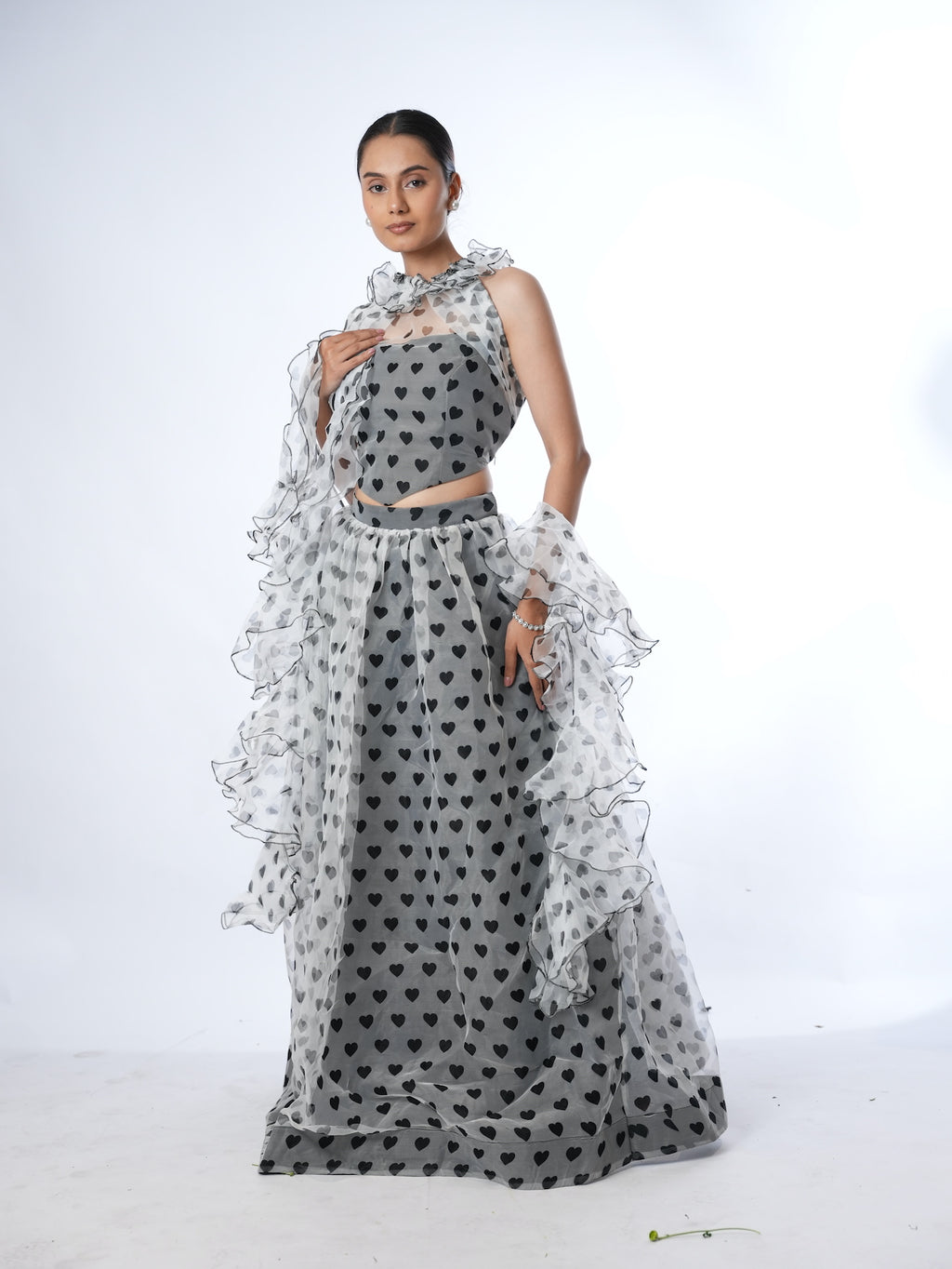 Grey Heart Print Lehenga Set with Ruffled Drapes