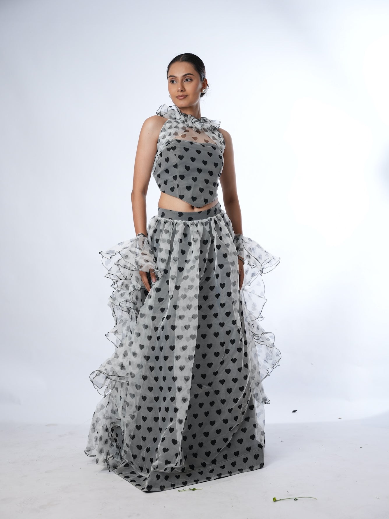 Grey Heart Print Lehenga Set with Ruffled Drapes