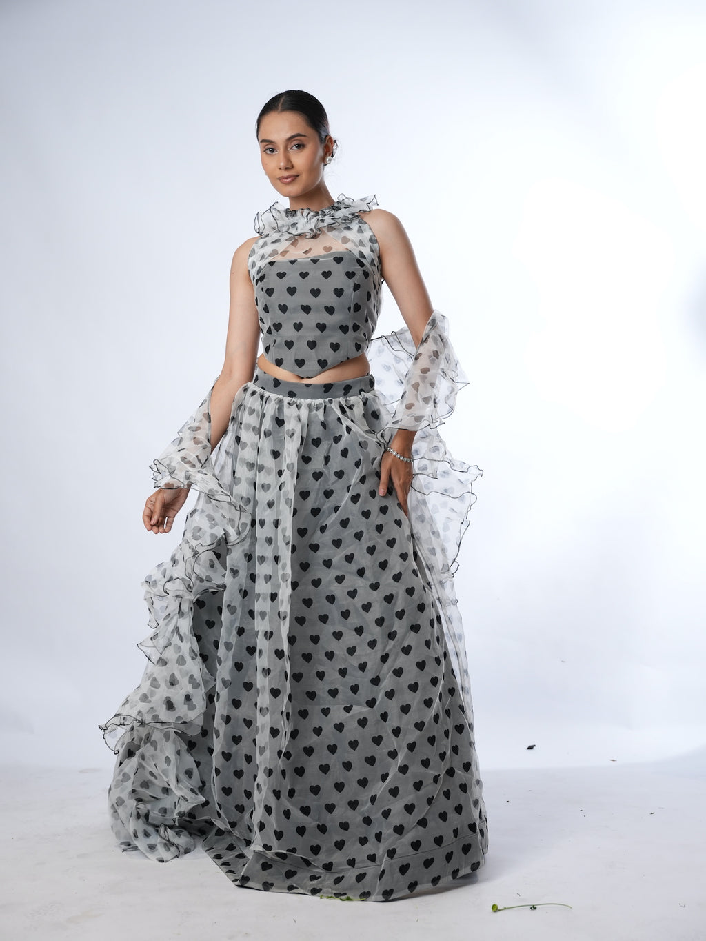 Grey Heart Print Lehenga Set with Ruffled Drapes