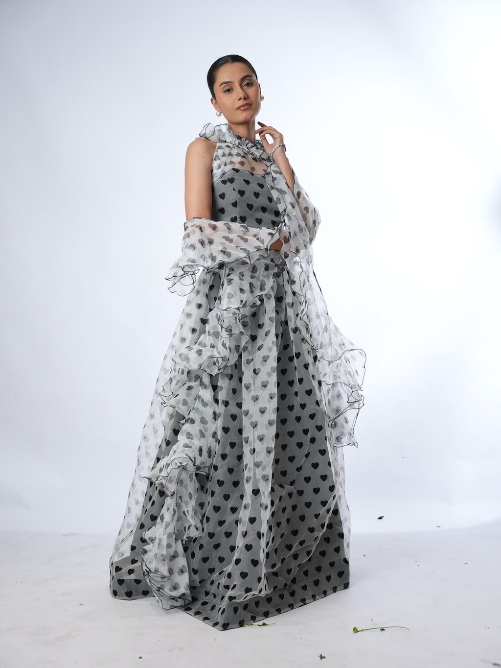 Grey Heart Print Lehenga Set with Ruffled Drapes