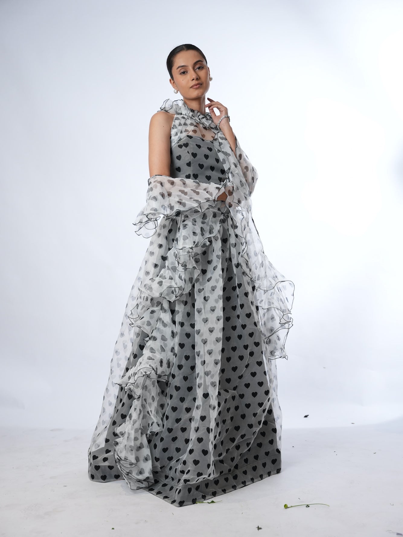 Grey Heart Print Lehenga Set with Ruffled Drapes