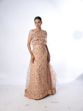 Peach Floral Print Lehenga Set with Ruffled Drapes