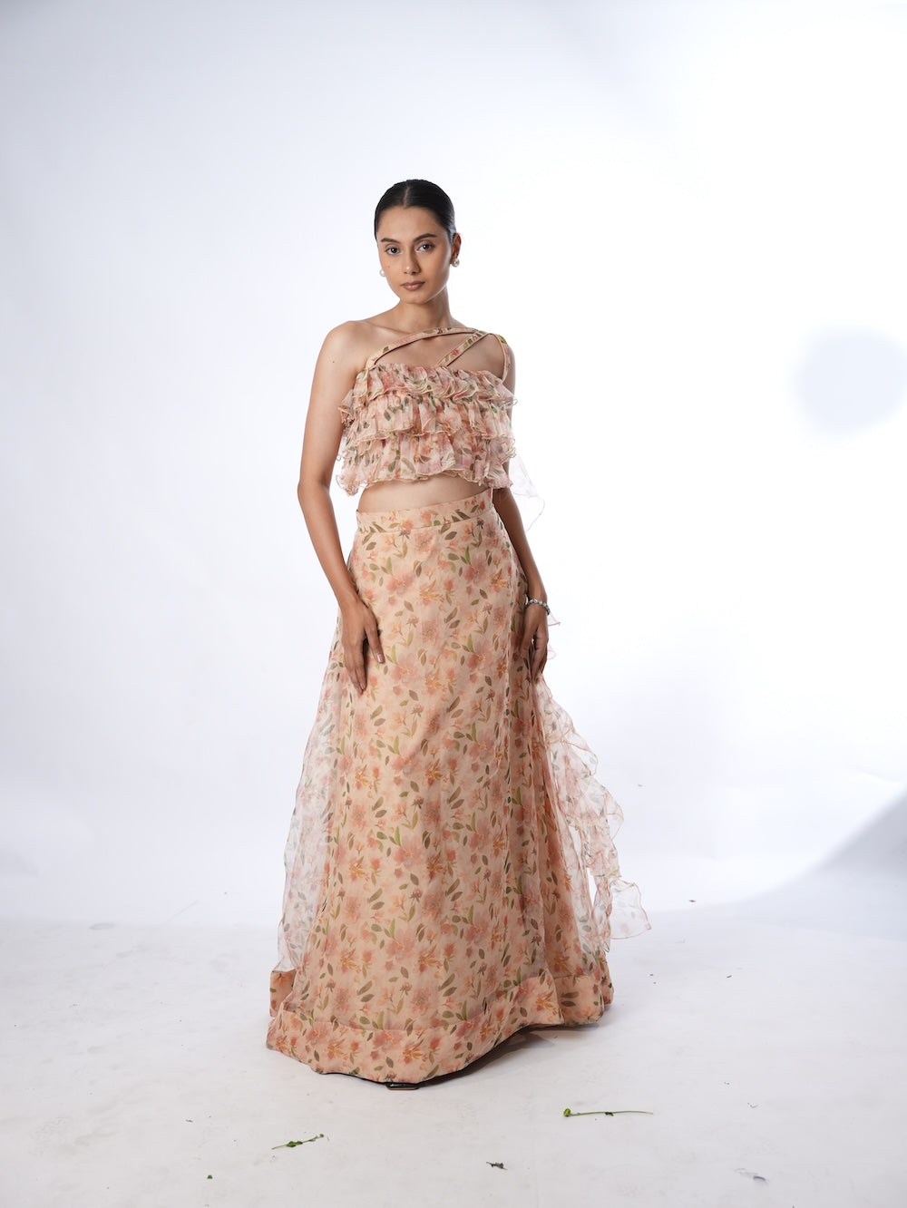 Peach Floral Print Lehenga Set with Ruffled Drapes
