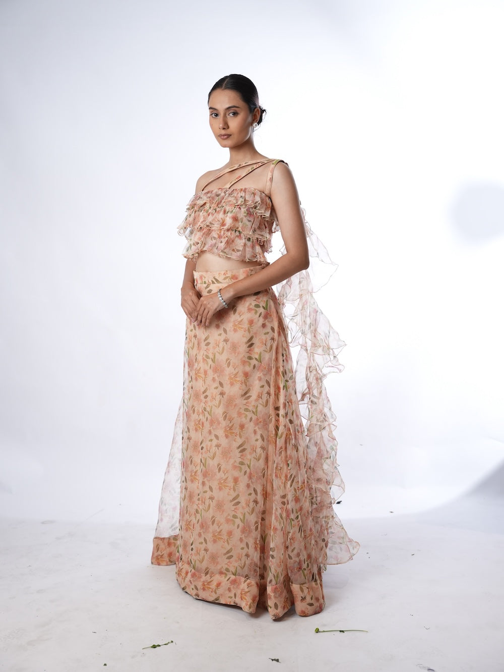 Peach Floral Print Lehenga Set with Ruffled Drapes