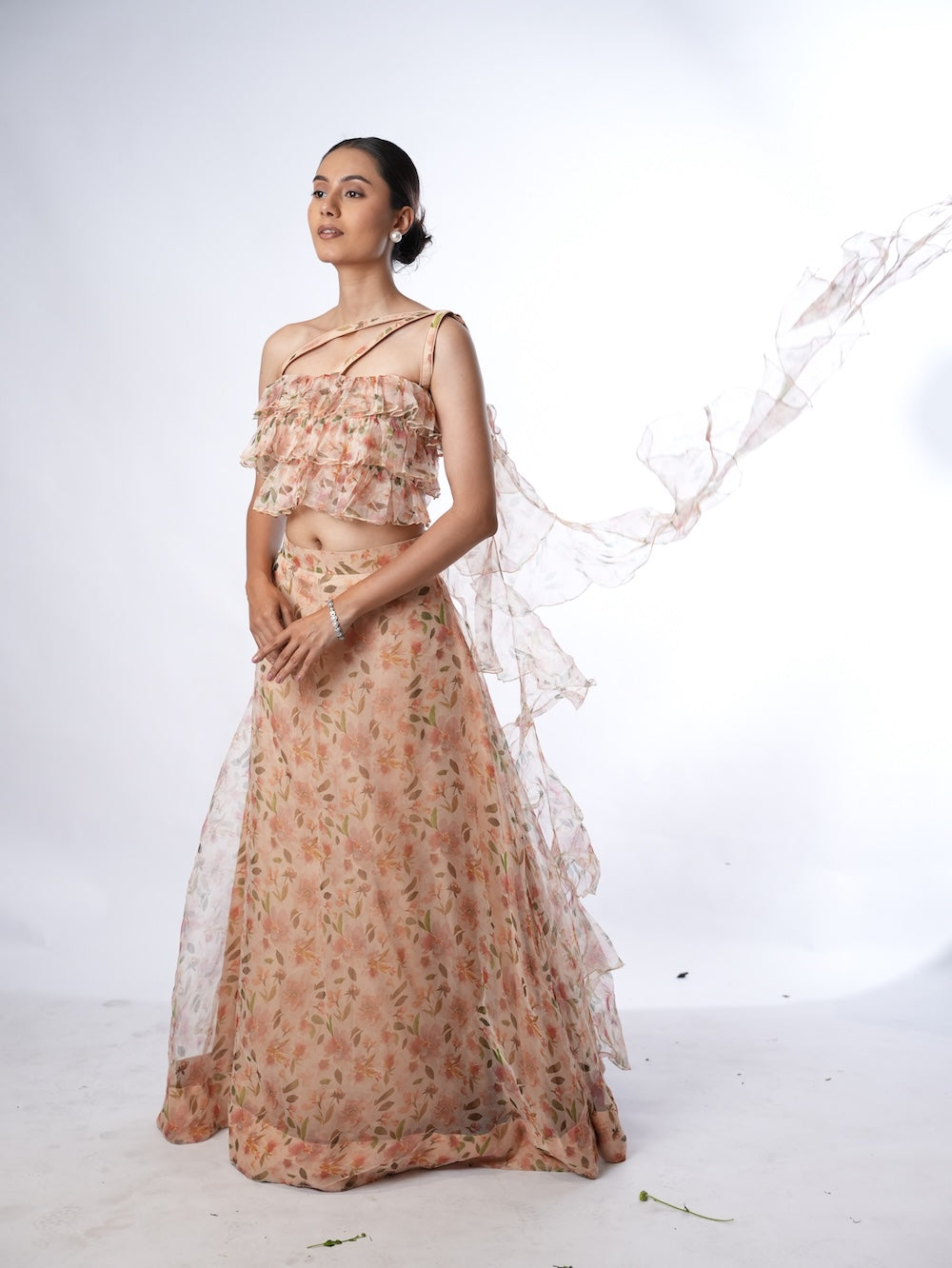 Peach Floral Print Lehenga Set with Ruffled Drapes