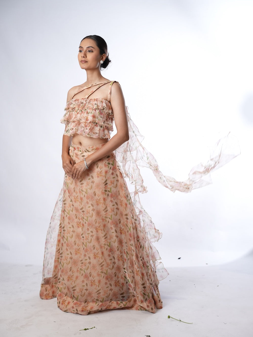 Peach Floral Print Lehenga Set with Ruffled Drapes
