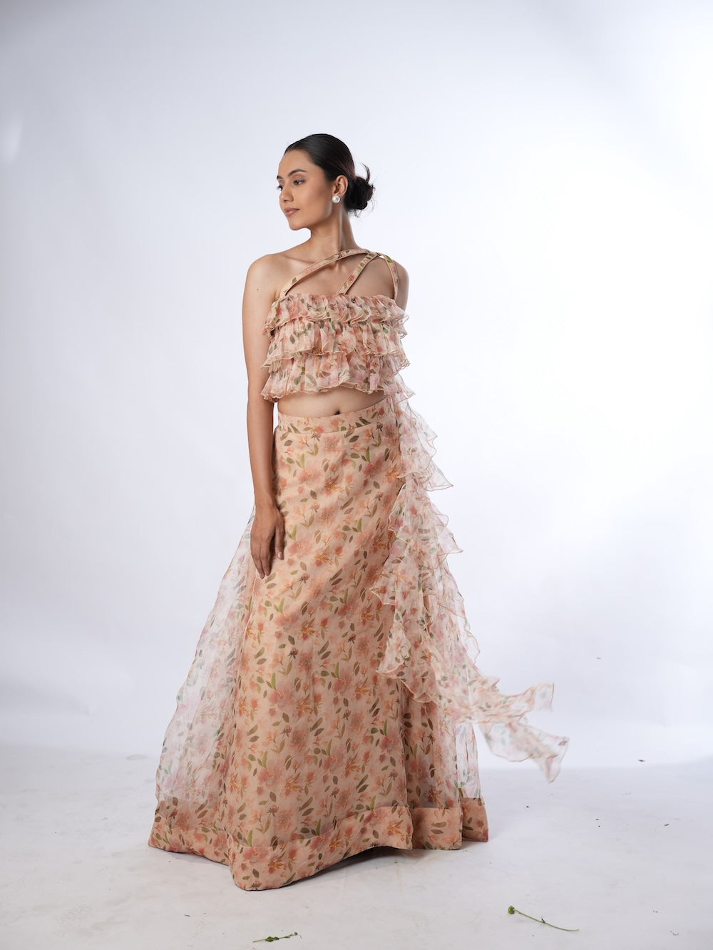 Peach Floral Print Lehenga Set with Ruffled Drapes