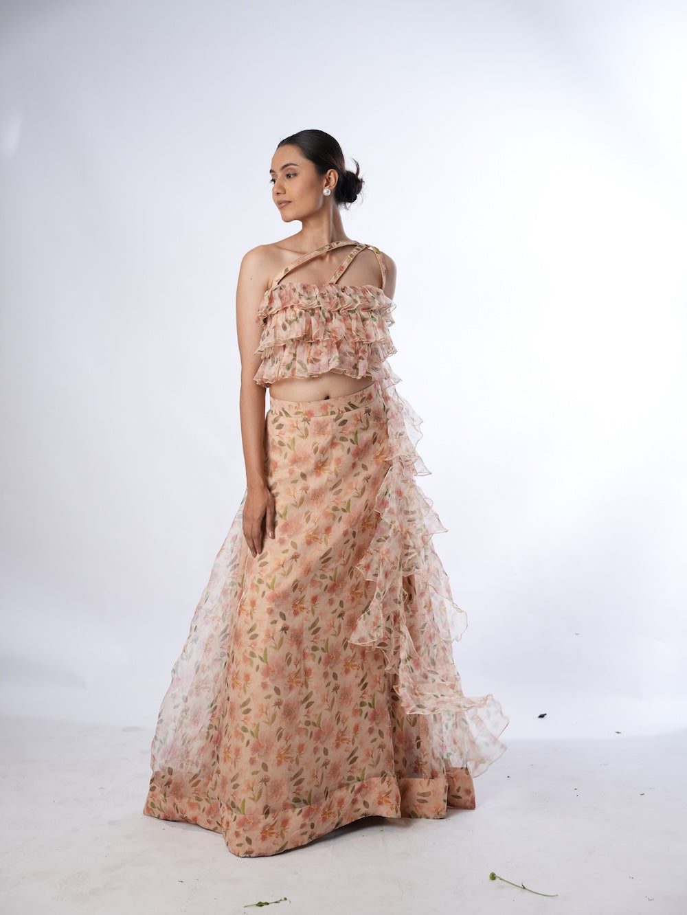 Peach Floral Print Lehenga Set with Ruffled Drapes