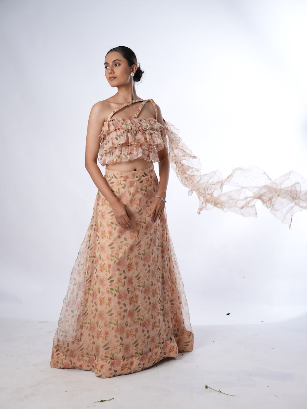 Peach Floral Print Lehenga Set with Ruffled Drapes