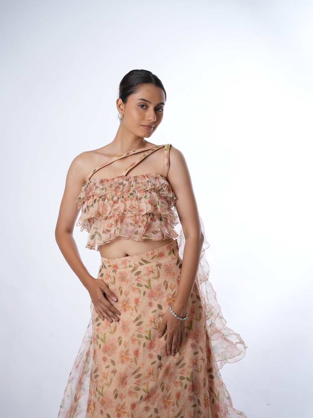 Peach Floral Print Lehenga Set with Ruffled Drapes
