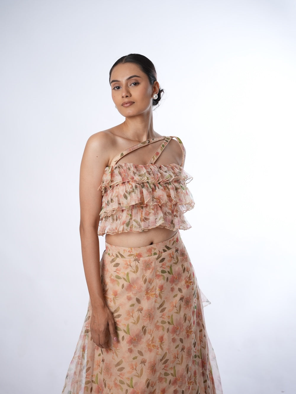 Peach Floral Print Lehenga Set with Ruffled Drapes