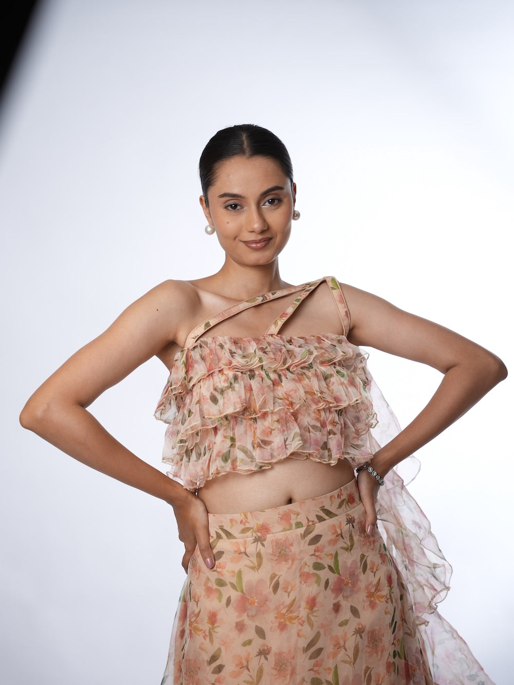 Peach Floral Print Lehenga Set with Ruffled Drapes
