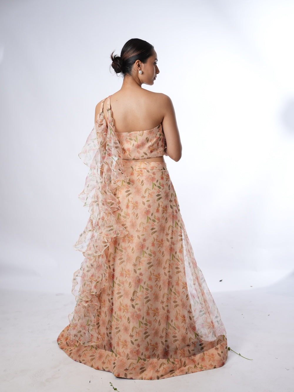 Peach Floral Print Lehenga Set with Ruffled Drapes