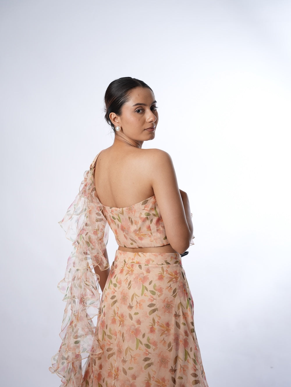 Peach Floral Print Lehenga Set with Ruffled Drapes