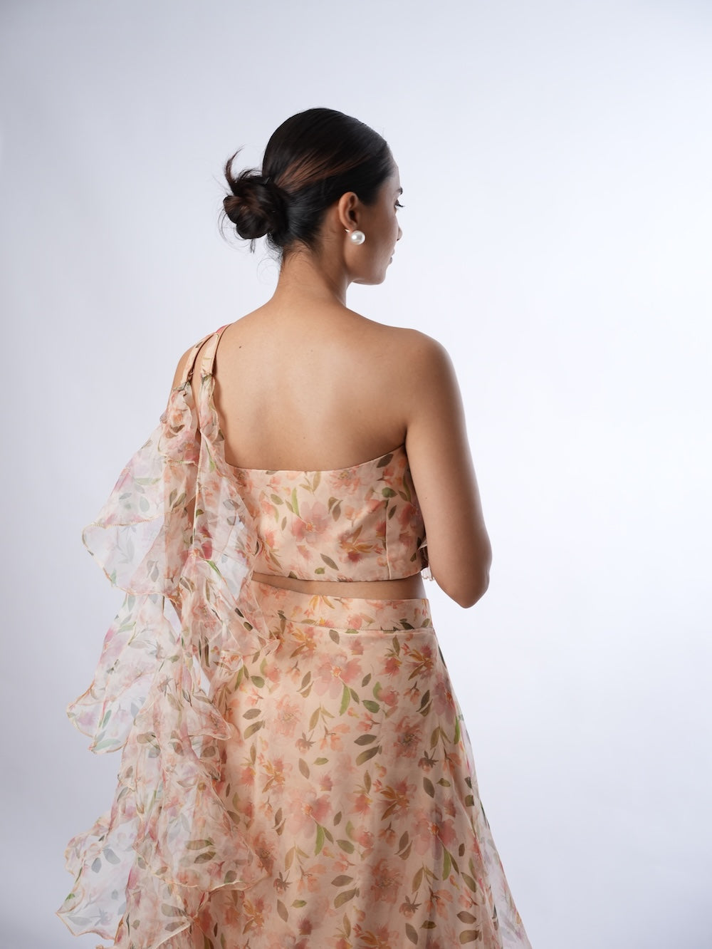 Peach Floral Print Lehenga Set with Ruffled Drapes