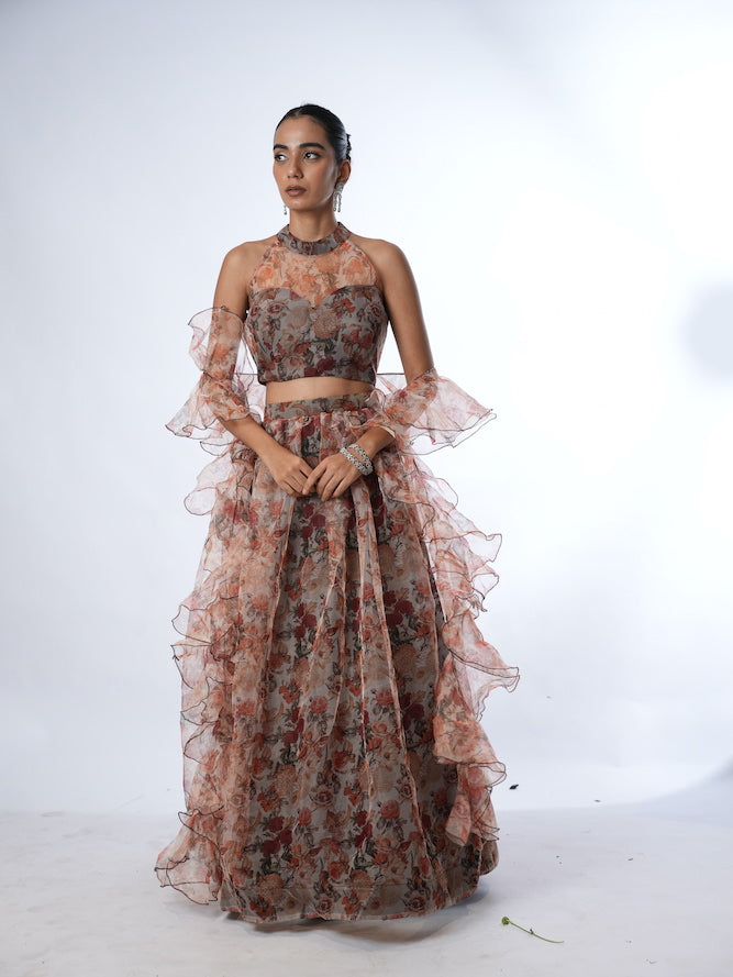 Grey and Rust Floral Print Lehenga Set