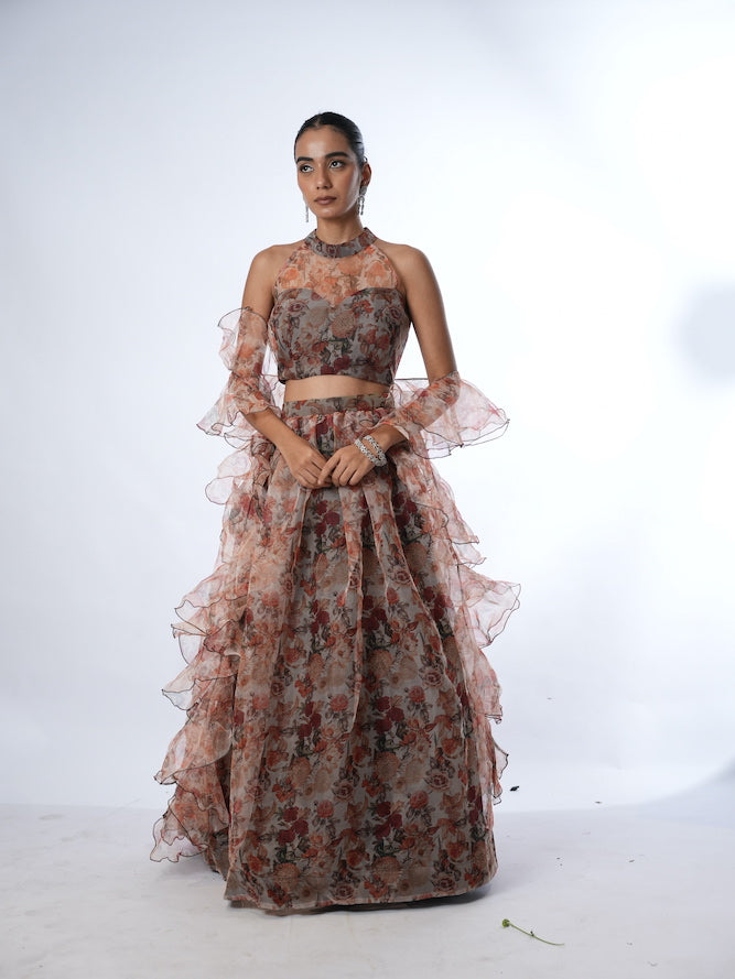 Grey and Rust Floral Print Lehenga Set