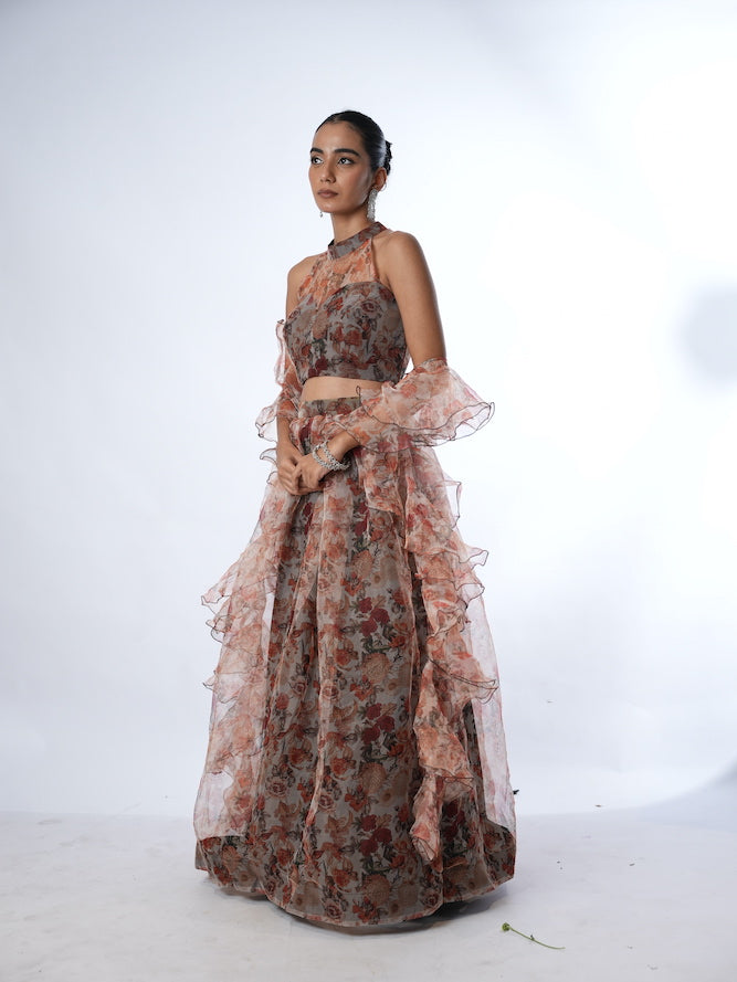 Grey and Rust Floral Print Lehenga Set