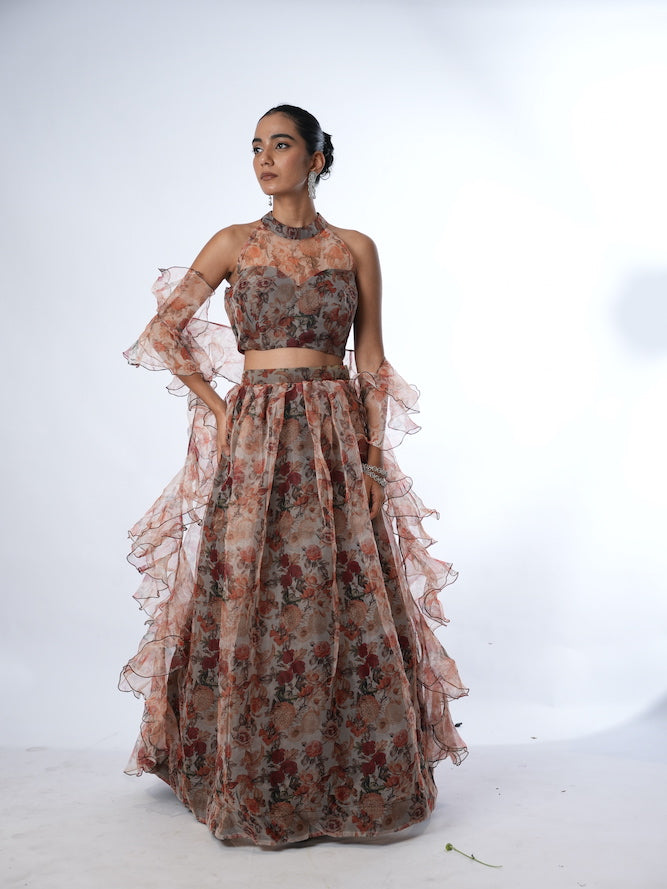 Grey and Rust Floral Print Lehenga Set