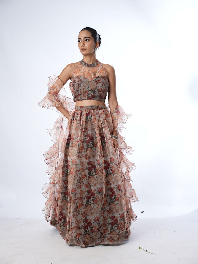 Grey and Rust Floral Print Lehenga Set