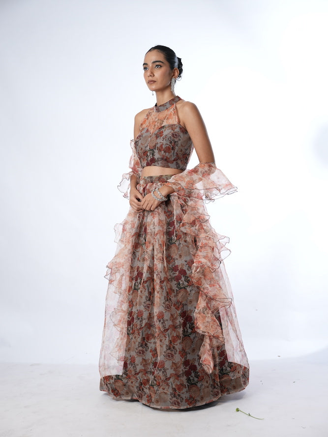 Grey and Rust Floral Print Lehenga Set