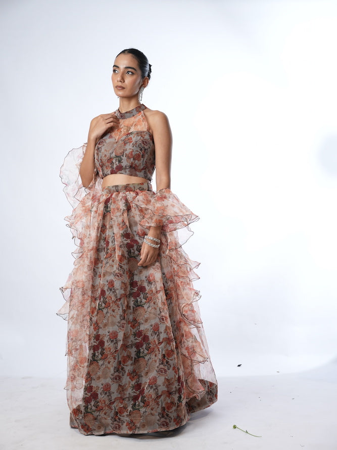 Grey and Rust Floral Print Lehenga Set