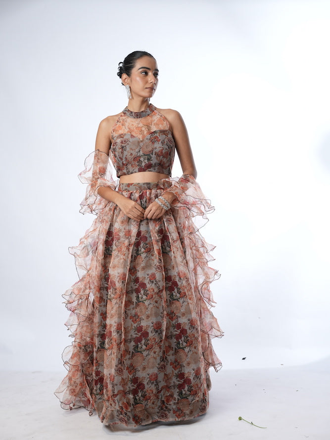 Grey and Rust Floral Print Lehenga Set
