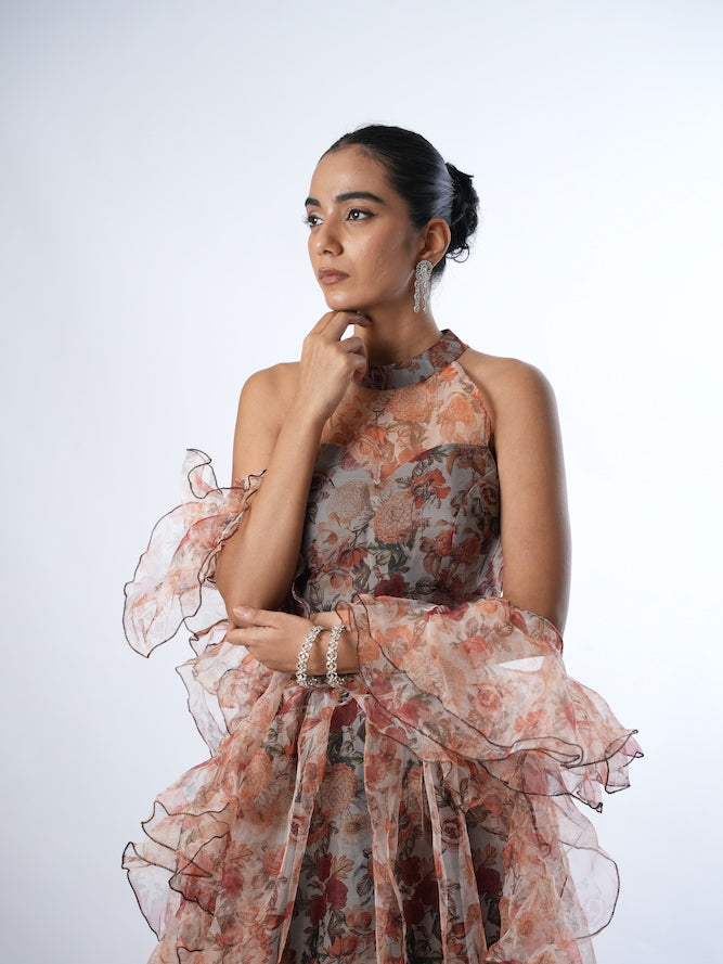Grey and Rust Floral Print Lehenga Set