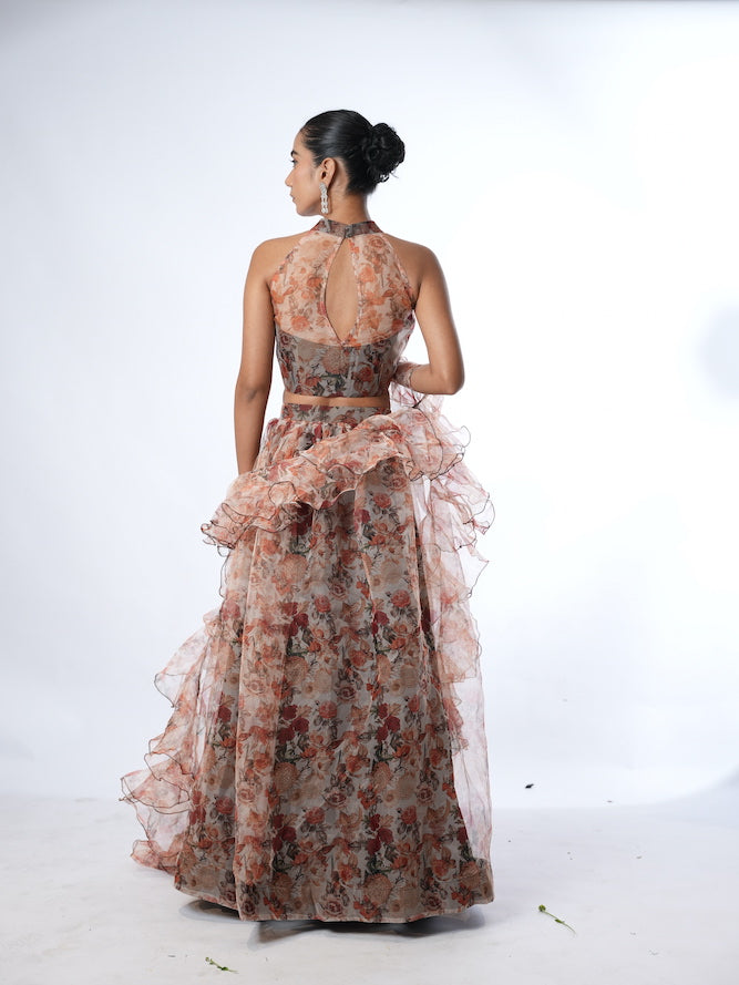 Grey and Rust Floral Print Lehenga Set
