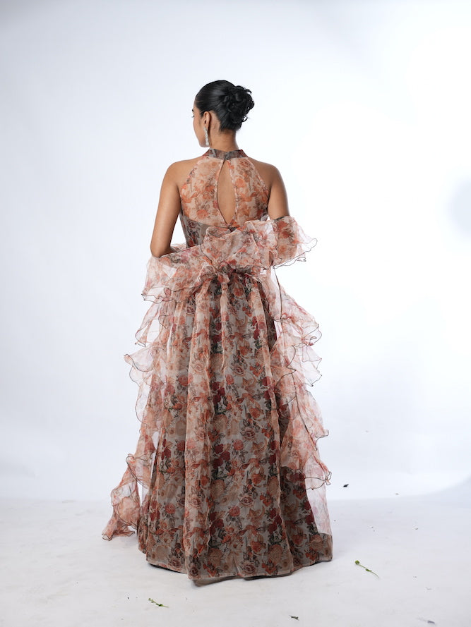 Grey and Rust Floral Print Lehenga Set
