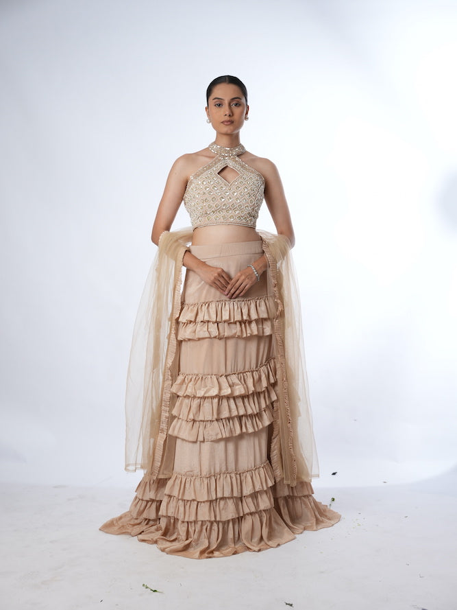 Beige Embellished Halter Lehenga Set
