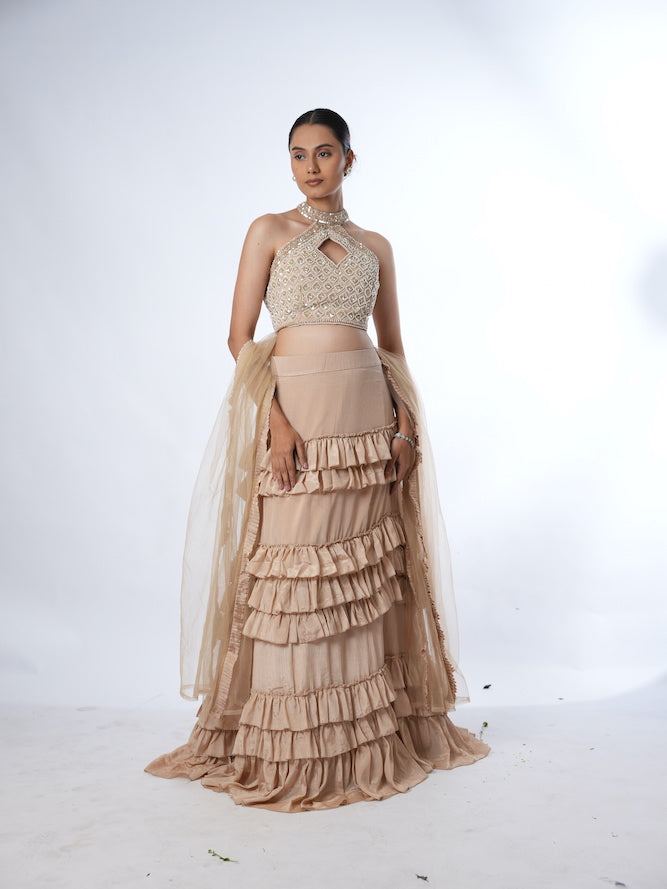 Beige Embellished Halter Lehenga Set
