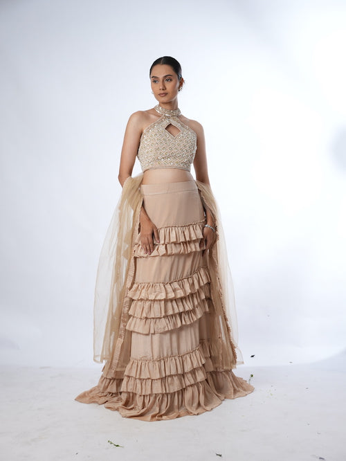 Beige Embellished Halter Lehenga Set
