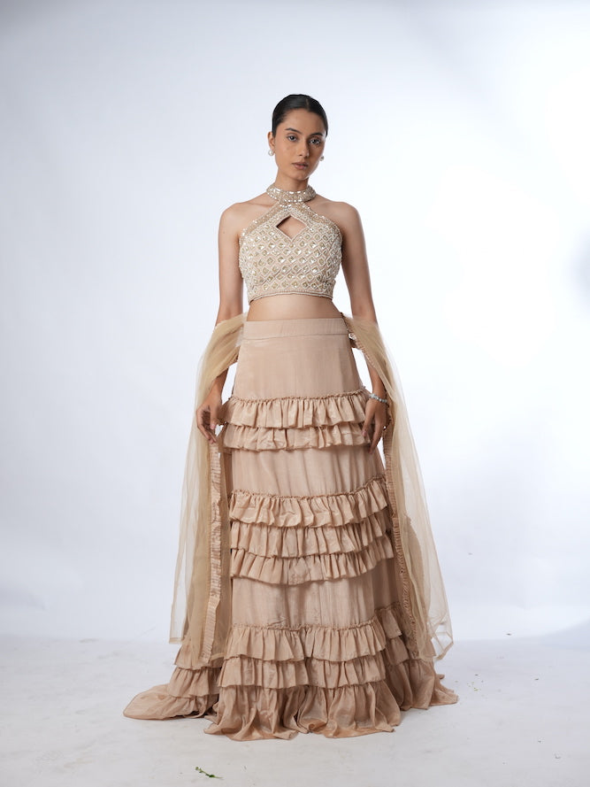 Beige Embellished Halter Lehenga Set