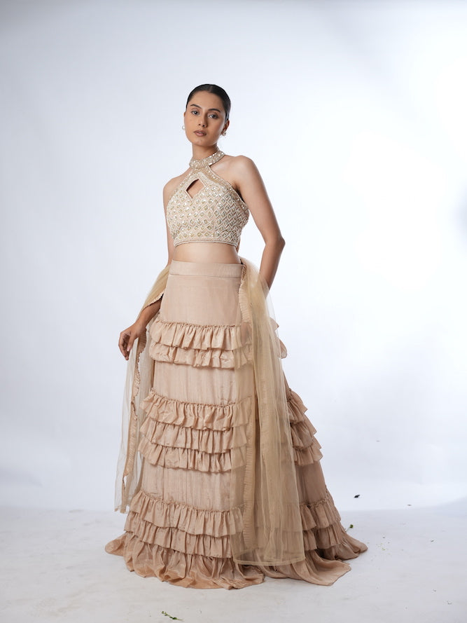 Beige Embellished Halter Lehenga Set