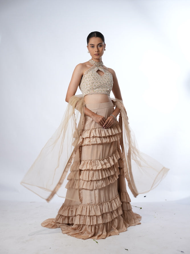 Beige Embellished Halter Lehenga Set