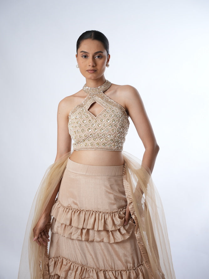 Beige Embellished Halter Lehenga Set