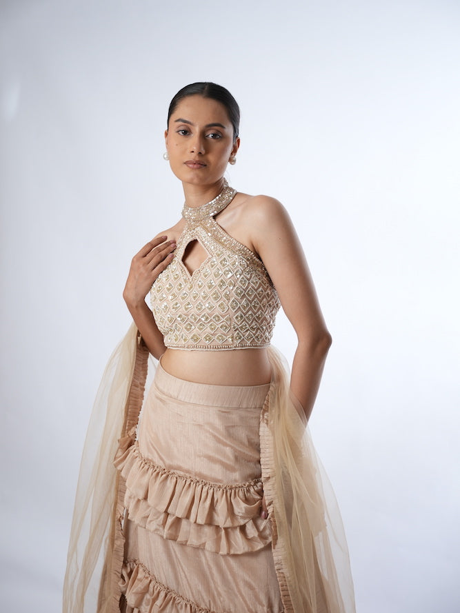 Beige Embellished Halter Lehenga Set
