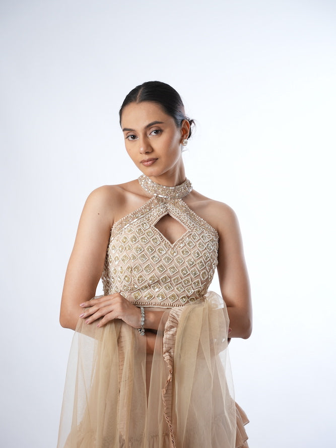 Beige Embellished Halter Lehenga Set