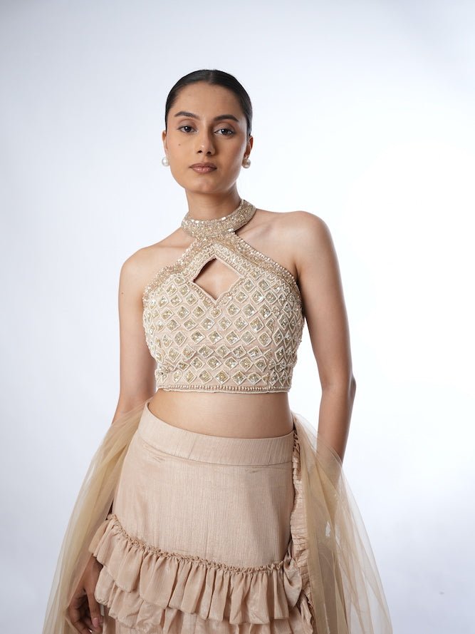 Beige Embellished Halter Lehenga Set
