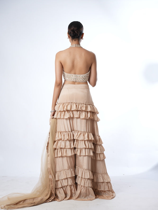Beige Embellished Halter Lehenga Set