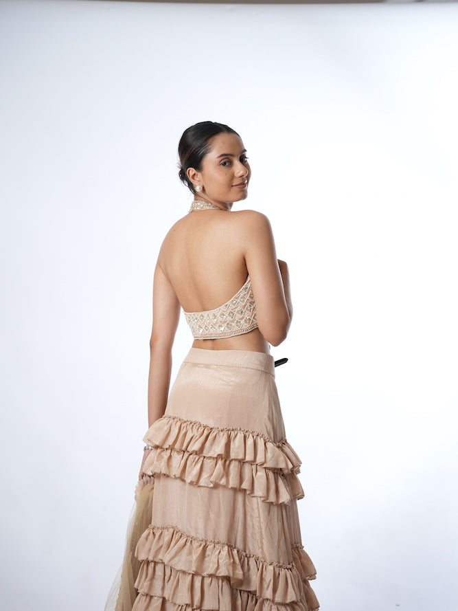 Beige Embellished Halter Lehenga Set