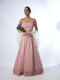 Pink Printed Lehenga Set with Sheer Drapes