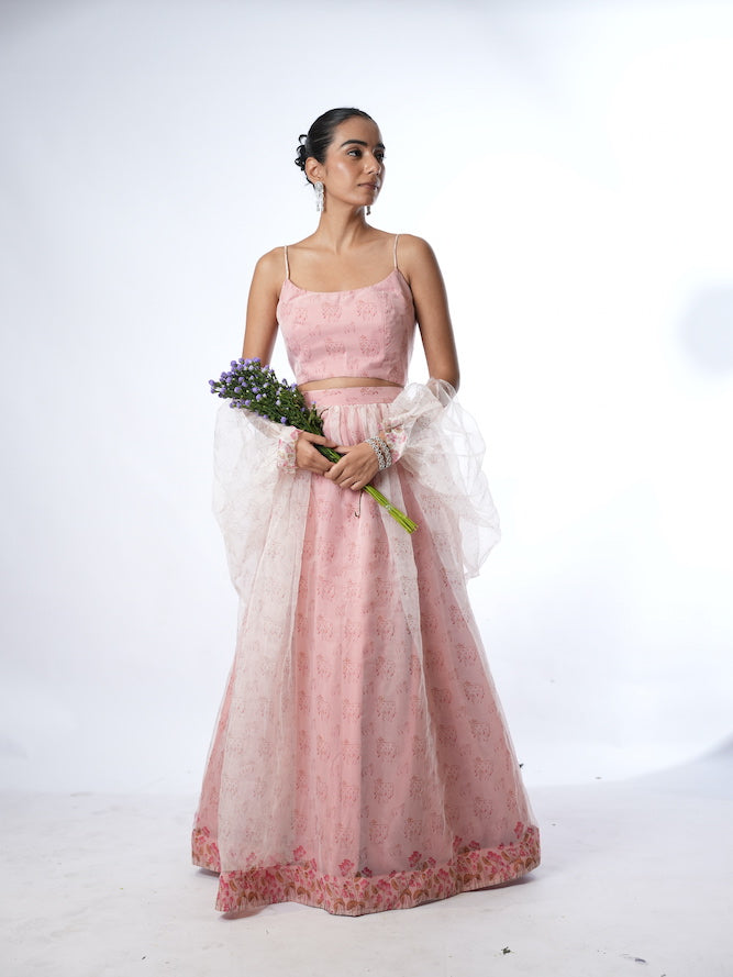 Pink Printed Lehenga Set with Sheer Drapes