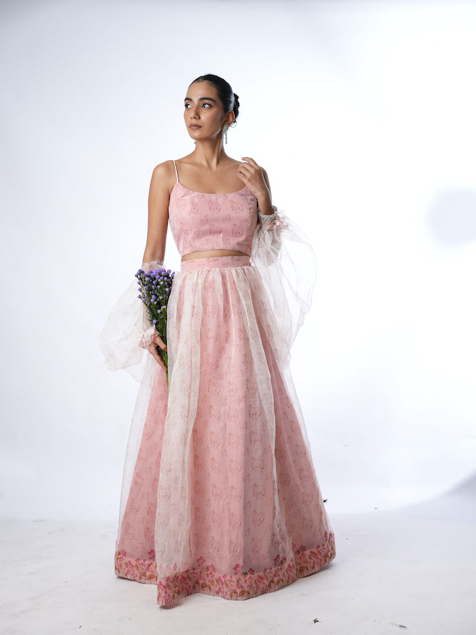 Pink Printed Lehenga Set with Sheer Drapes