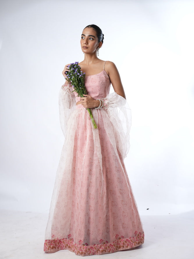 Pink Printed Lehenga Set with Sheer Drapes
