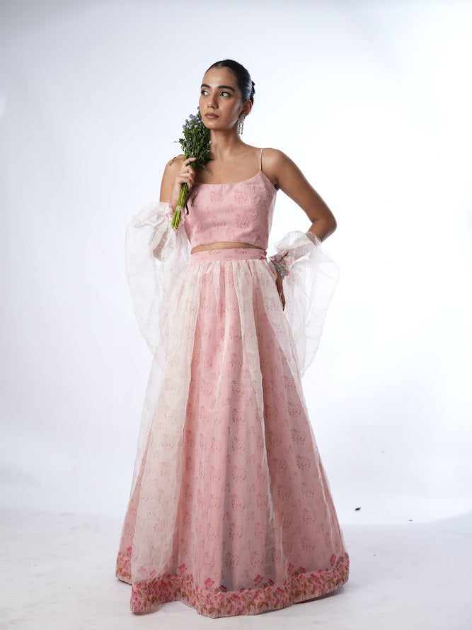 Pink Printed Lehenga Set with Sheer Drapes